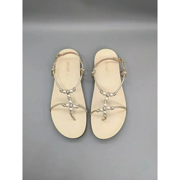 NIB STUART WEITZMAN Pearl Knot Metallic Leather Flat Sandals Size 7.5 MSRP $395 - Picture 2 of 8